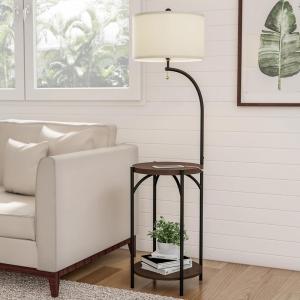 Floor Lamp with End Table – Modern Rustic Side Shelves with USB Charging Port, LED Light Bulb, and Drum-Shaped Shade – Standing Lights by Lavish Home