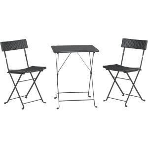 Folding Patio Bistro Set – 3-Piece Rattan and Steel Café Table and Chairs for Porch, Deck, Garden, or Balcony Furniture by Lavish Home (Black)(Black)