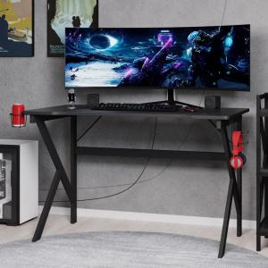 Gaming Computer Desk – Carbon Fiber Texture Finish PC Desk with Cup Holder, Headphones Hanger, K Shaped Legs, Cable Management by Lavish Home (Black)(Gaming Desk)