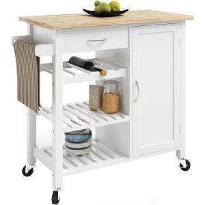 Kitchen Island with Towel Rack and Shelves for Storage – Rolling Cart to Use as Coffee Bar, Microwave Stand, or Kitchen Storage by Lavish Home (White)