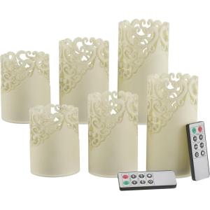 LED Candles with Remote Control – Set of 6 Realistic Flameless Pillar Lights with Lace Details and Vanilla Scented Wax – Home Decor by Lavish Home(Small  Medium  Large)