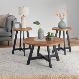 Lavish Home 3-Piece Coffee Table Set – Industrial Modern Round Coffee Table and 2 Side Tables – for Living Room, Apartment, or Dorm Room (Walnut)