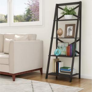 Lavish Home 4-Tier Ladder Bookshelf – Freestanding Shelved Bookcase with X-Back Frame and Leaning Look – Display Shelves for Home or Office (Black)