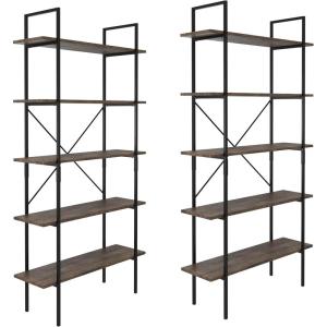 Lavish Home 5-Tier Bookshelf – Open Industrial Style Etagere Wooden Shelving – Freestanding Bookcase for Home or Office (Brown Woodgrain)(Set of 2)