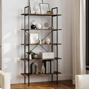 Lavish Home 5-Tier Bookshelf – Open Industrial Style Etagere Wooden Shelving – Freestanding Bookcase for Home or Office (Brown Woodgrain)(Single Bookshelf)