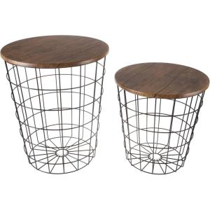 Lavish Home End Tables Set of 2 – Nesting Tables with Removable Wood Tops and Metal Basket Bases for Blanket Storage – Round Side Pieces for Living Room, Bedroom, or Home Office (Brown/Black)(Round Brown)