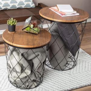 Lavish Home End Tables Set of 2 – Nesting Tables with Removable Wood Tops and Metal Basket Bases for Blanket Storage – Round Side Pieces for Living Room, Bedroom, or Home Office (Brown/Black)(Black Diamond)