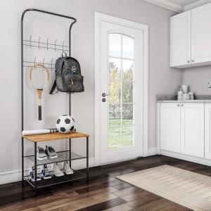 Lavish Home Entryway Bench with Coat Rack – Metal Hall Tree with Seat, Hooks, and Shoe Storage – Rustic Farmhouse Freestanding Mudroom Furniture(Brown Woodgrain)