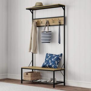 Lavish Home Entryway Bench with Coat Rack – Metal Hall Tree with Seat, Hooks, and Shoe Storage – Rustic Farmhouse Freestanding Mudroom Furniture(Sand Woodgrain)
