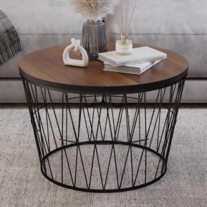 Lavish Home Round Coffee Table with Geometric Metal Base – Small Modern Accent Furniture for Living Room – Mid-Century Coffee Table (Brown/Black)