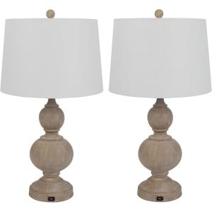 Lavish Home Set of 2 Table Lamps – Lamps with USB Charging Ports and LED Bulbs Included – for Living Room, Office, or Bedroom Decor (Whitewash)