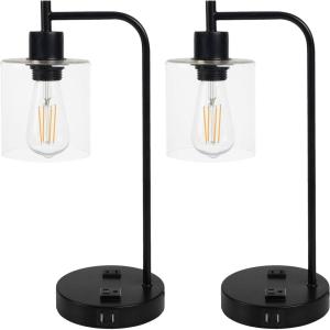 Lavish Home Table Lamp – Industrial Lamp with USB Charge Ports, Touch Control, and Edison Bulb – for Living Room, Office, or Bedroom Decor (Black)(Black – Set of 2)