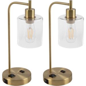Lavish Home Table Lamp – Industrial Lamp with USB Charge Ports, Touch Control, and Edison Bulb – for Living Room, Office, or Bedroom Decor (Black)(Gold – Set of 2)