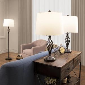 Lavish Home Table and Floor Lamps – Set of 3 Spiral Cage Design Lights for Living Room, Bedroom, or Entry with LED Bulbs Included (Bronze)