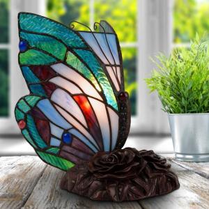 Lavish Home Tiffany Style Butterfly Lamp – Stained Glass Table or Desk Light LED Bulb Included – Colorful Vintage Look Butterfly Décor(Pointed Wings)
