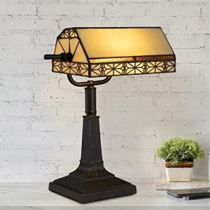 Lavish Home Tiffany-Style Bankers Lamp – Vintage-Looking Mission-Style Table or Desk LED Light with Stained Glass Shade (Dark Brown)(Dark Brown  Black   Off White)