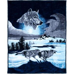 Lavish Home Wolf Blanket – 74×91-inch Printed Winter Wolf Blanket – Plush Thick 7.5lb Faux Mink Queen Throw for Couch, Sofa, or Bed(Blue and White)