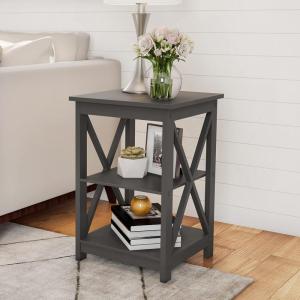 Lavish Home Wooden End Table – Modern Style Sofa Side Table with X-Leg Design and Two Shelves – Small Furniture for Living Room or Bedroom (Gray)(Grey)