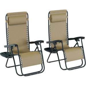 Lavish Home Zero Gravity Chairs – Set of 2 Outdoor Chairs with Side Tables with 2 Cupholders, Phone, and Tablet Holder and Chair Pillow (Beige)