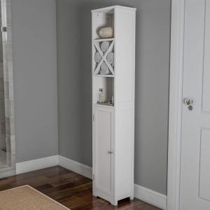 Linen Tower- 67” Tall Bathroom or Laundry Room Storage Cabinet with Cubbyhole Divider for Towels-Adjustable Shelves & Cupboard by Lavish Home (White)