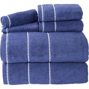 Luxury Cotton Towel Set- Quick Dry, Zero Twist and Soft 6 Piece Set With 2 Bath Towels, 2 Hand Cloths and 2 Washcloths By Lavish Home (Navy / White) , 12″ x 12″