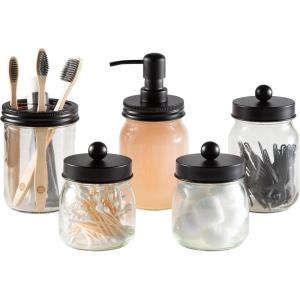 Mason Jar Bathroom Accessories Set – 5-Piece Bathroom Set with Toothbrush Holder, Soap Dispenser, Canister, and 2 Small Jars by Lavish Home (Black)(Black)