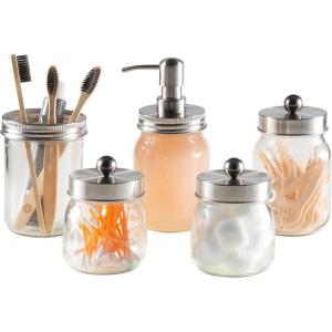 Mason Jar Bathroom Accessories Set – 5-Piece Bathroom Set with Toothbrush Holder, Soap Dispenser, Canister, and 2 Small Jars by Lavish Home (Black)(Silver)