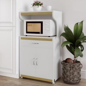 Microwave Stand with Storage – Rolling White Cabinet with Doors, Drawer, and Locking Wheels – Freestanding Wood Cart by Lavish Home (White and Oak)(White and Oak)