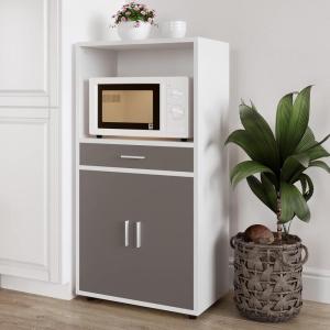 Microwave Stand with Storage – Rolling White Cabinet with Doors, Drawer, and Locking Wheels – Freestanding Wood Cart by Lavish Home (White and Oak)(White and Gray)