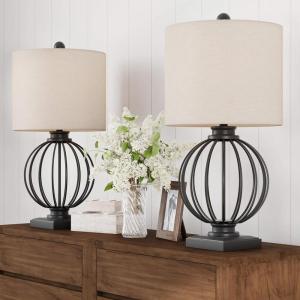 Modern Table Lamps – Set of 2 Wrought Iron Open Cage Lights with LED Bulbs – Rustic Farmhouse Style for Living Room or Bedroom by Lavish Home (Black)