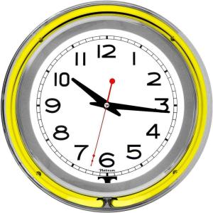 Neon Wall Clock- 14 Round, Double Light Ring, Dual Power, Analog Quartz Timepiece- Retro Décor for Bar, Garage & Game Room by Lavish Home (Yellow)