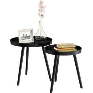 Nesting Side Tables – Set of 2 Round End Tables for Living Room, Bedroom, or Home Office – Accent Table Set with Tray Tops – Mid-Century Modern Living Room Furniture by Lavish Home (Black)(Black)