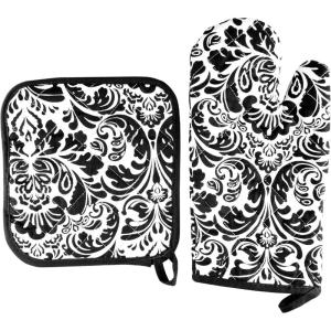 Oven Mitt And Pot Holder Set, Quilted And Flame And Heat Resistant By Lavish Home (Blue)(Black)