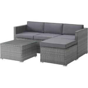Patio Furniture Set – 3-Piece Rattan Outdoor Sectional, Ottoman, and Table Combo – Deck, Pool, Sunroom, or Backyard Furniture by Lavish Home (Gray)