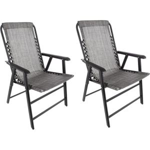 Pure Garden Folding Camping Chairs – Set of 2 Lawn Chairs with Textilene Fabric and Bungee Suspension – Portable Lounge Seats for Adults (Navy)(Grey)