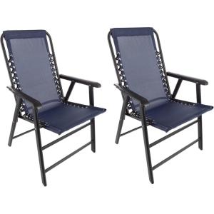 Pure Garden Folding Camping Chairs – Set of 2 Lawn Chairs with Textilene Fabric and Bungee Suspension – Portable Lounge Seats for Adults (Navy)(Navy)