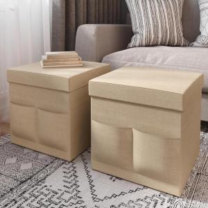 Set of 2 Ottomans with Storage Pockets – 15-Inch Folding Foot Rests or Storage Organizers for Bedroom, Living Room, or Dorm by Lavish Home (Brown)(Beige)