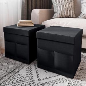 Set of 2 Ottomans with Storage Pockets – 15-Inch Folding Foot Rests or Storage Organizers for Bedroom, Living Room, or Dorm by Lavish Home (Brown)(Black)