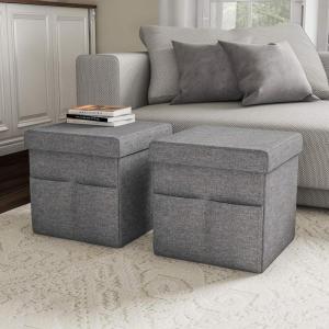 Set of 2 Ottomans with Storage Pockets – 15-Inch Folding Foot Rests or Storage Organizers for Bedroom, Living Room, or Dorm by Lavish Home (Brown)(Charcoal Gray)