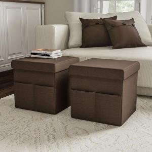 Set of 2 Ottomans with Storage Pockets – 15-Inch Folding Foot Rests or Storage Organizers for Bedroom, Living Room, or Dorm by Lavish Home (Brown)(Linen Brown)