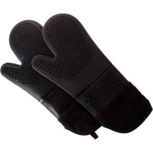 Silicone Oven Mitts – Extra Long Professional Quality Heat Resistant with Quilted Lining and 2-sided Textured Grip – 1 pair Black by Bedford Home(Black)