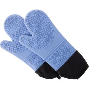 Silicone Oven Mitts – Extra Long Professional Quality Heat Resistant with Quilted Lining and 2-sided Textured Grip – 1 pair Black by Bedford Home(Blue)