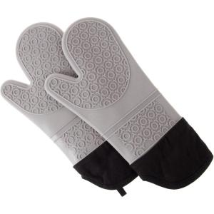 Silicone Oven Mitts – Extra Long Professional Quality Heat Resistant with Quilted Lining and 2-sided Textured Grip – 1 pair Black by Bedford Home(Gray)