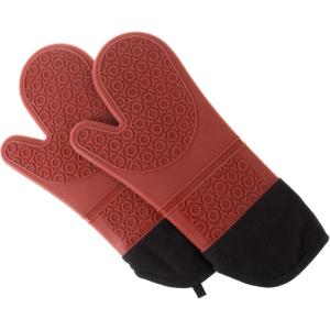 Silicone Oven Mitts – Extra Long Professional Quality Heat Resistant with Quilted Lining and 2-sided Textured Grip – 1 pair Dark Red by Lavish Home