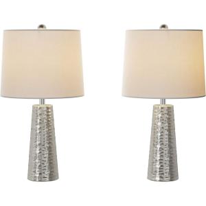 Table Lamps – Set of 2 Hammered Metal Lights with Flared Bases and Drum Shades for End Tables and Nightstands by Lavish Home (Brushed Silver)