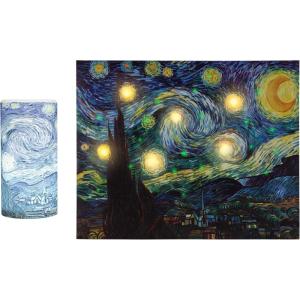 Van Gogh Wall Art Set – Lighted Canvas Starry Night Print with Timer Fiber Optic Lights and LED Flameless Candle – Home Décor by Lavish Home (12×16)