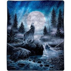 Wolf Blanket – 80×92-Inch Printed Howling Wolf Moon Blanket – Plush Thick 8lb Faux Mink Queen Throw for Couches, Sofas, or Beds by Lavish Home (Blue)