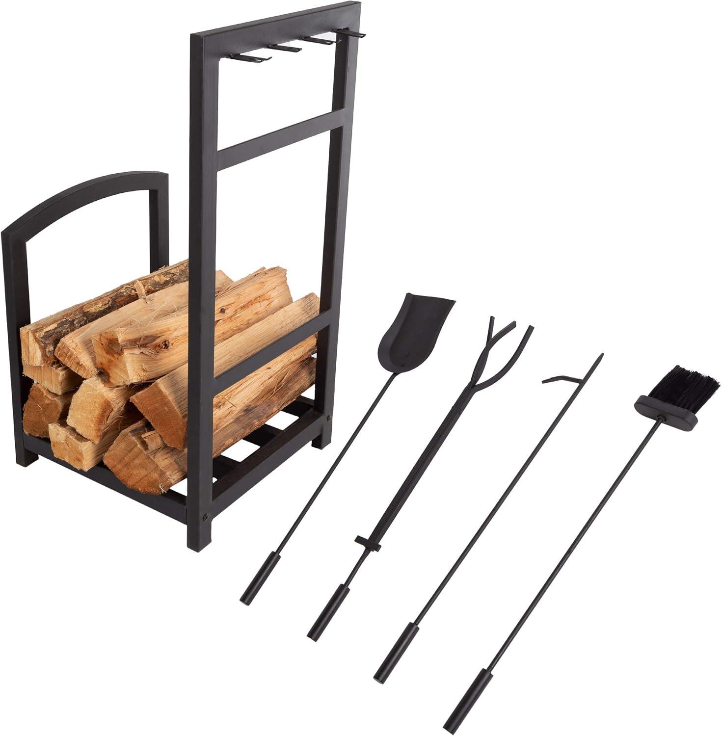 image5Piece Fireplace Tool Set and Log Rack MissionStyle Firewood Holder with Shovel Broom Tongs and Poker for Hearth by Lavish Home Matte BlackTool Set Log Rack