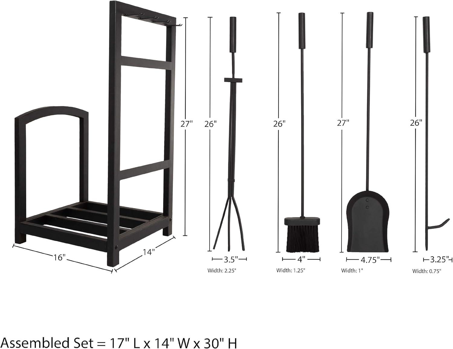 image5Piece Fireplace Tool Set and Log Rack MissionStyle Firewood Holder with Shovel Broom Tongs and Poker for Hearth by Lavish Home Matte BlackTool Set Log Rack