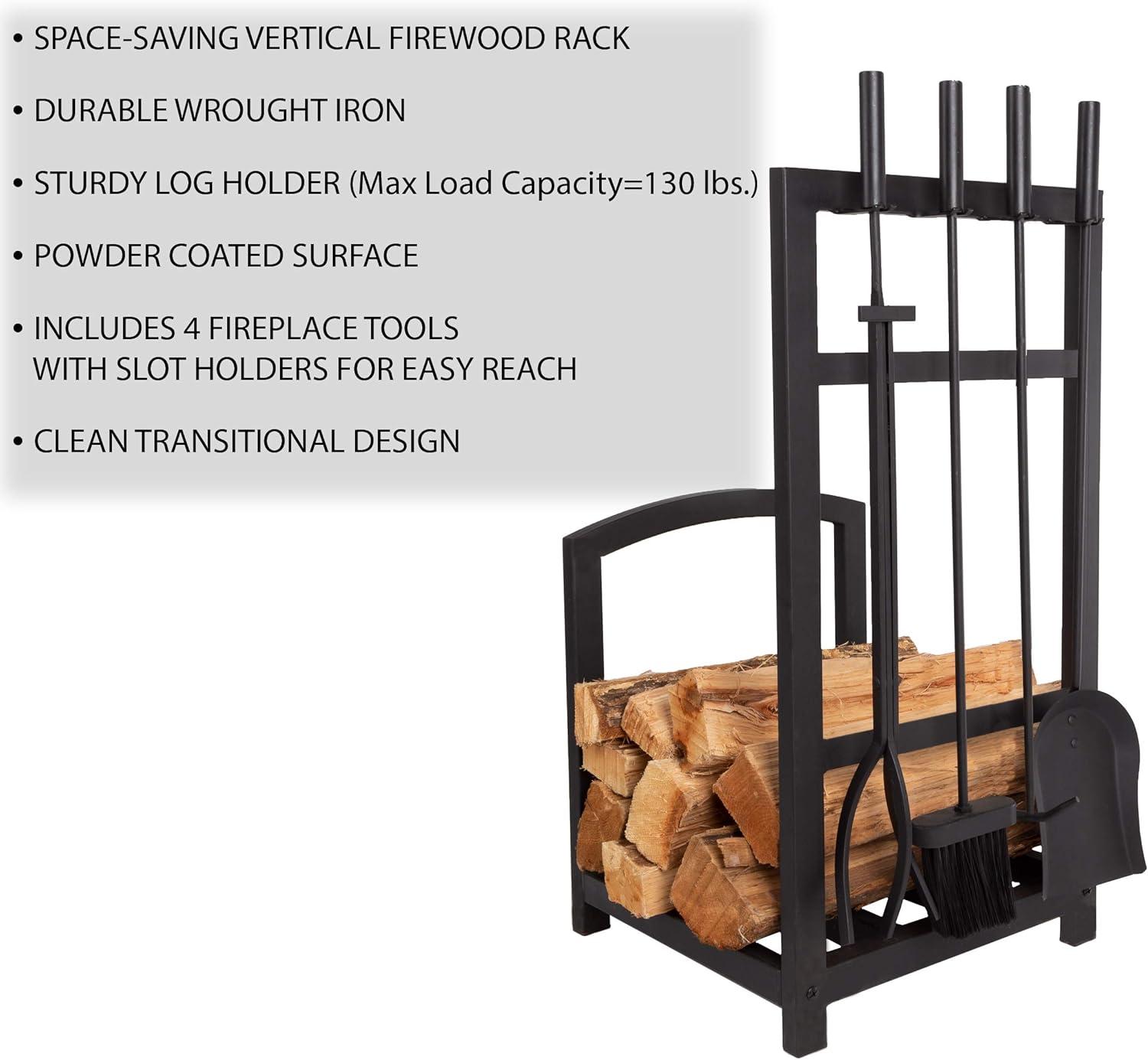 image5Piece Fireplace Tool Set and Log Rack MissionStyle Firewood Holder with Shovel Broom Tongs and Poker for Hearth by Lavish Home Matte BlackTool Set Log Rack